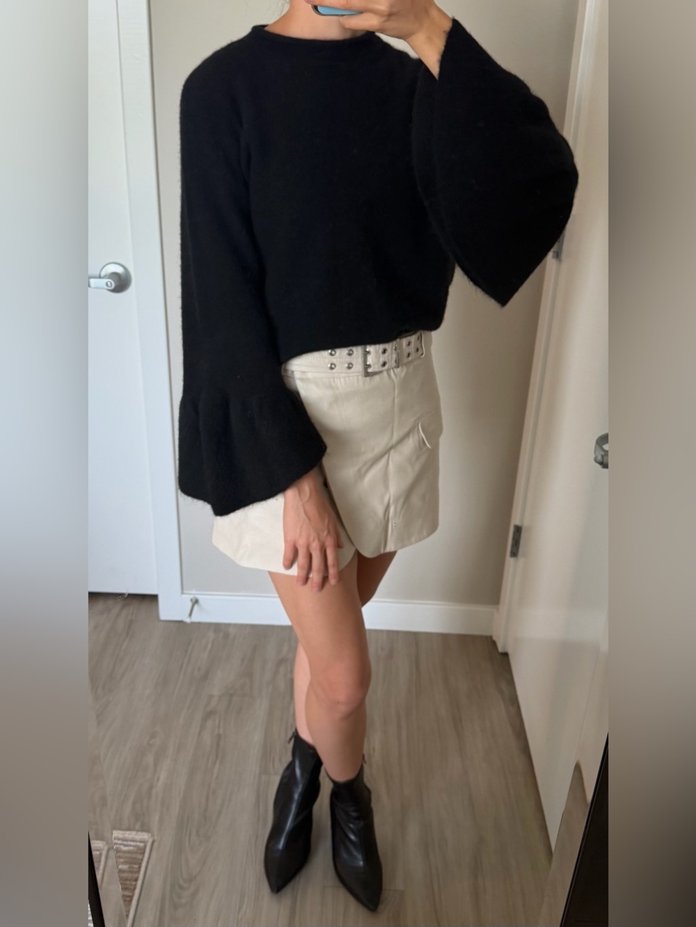 3.1 Phillip Lim Black Crewneck Sweater with Ruffle Sleeves